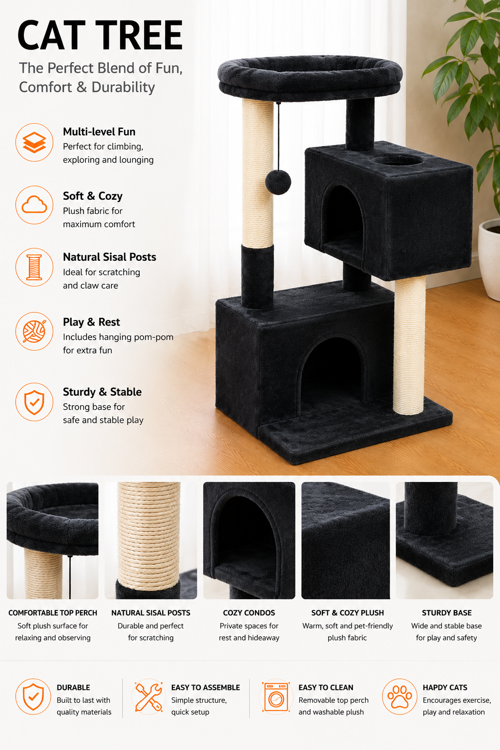 Cat Tree for Large Cats – Indoor Cat Tower with 2 Large Condos, Scratching Posts & Large Perch