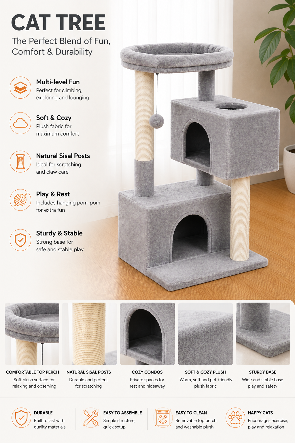 Cat Tree for Large Cats – Indoor Cat Tower with 2 Large Condos, Scratching Posts & Large Perch