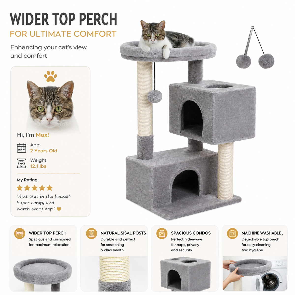 Cat Tree for Large Cats – Indoor Cat Tower with 2 Large Condos, Scratching Posts & Large Perch