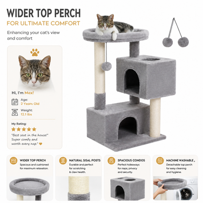 Cat Tree for Large Cats – Indoor Cat Tower with 2 Large Condos, Scratching Posts & Large Perch